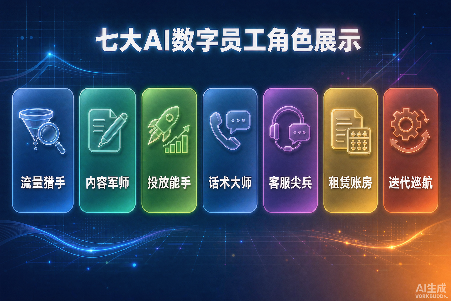 图：七大AI数字员工角色展示——一支分团就是一支标准化数字生产力军团