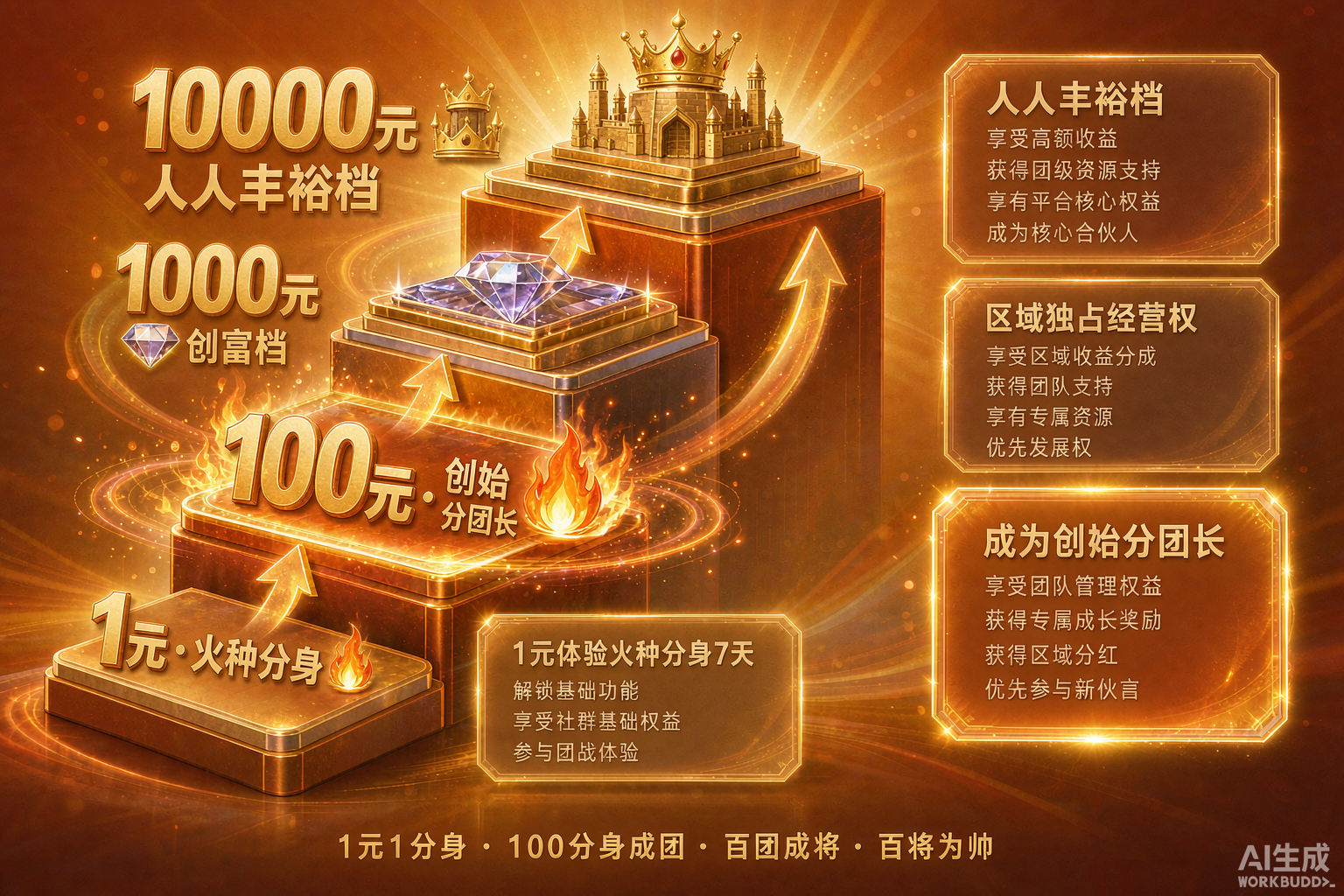 图：四档认领阶梯——1-100跟上时代，100-1000领跑时代，1000+定义时代