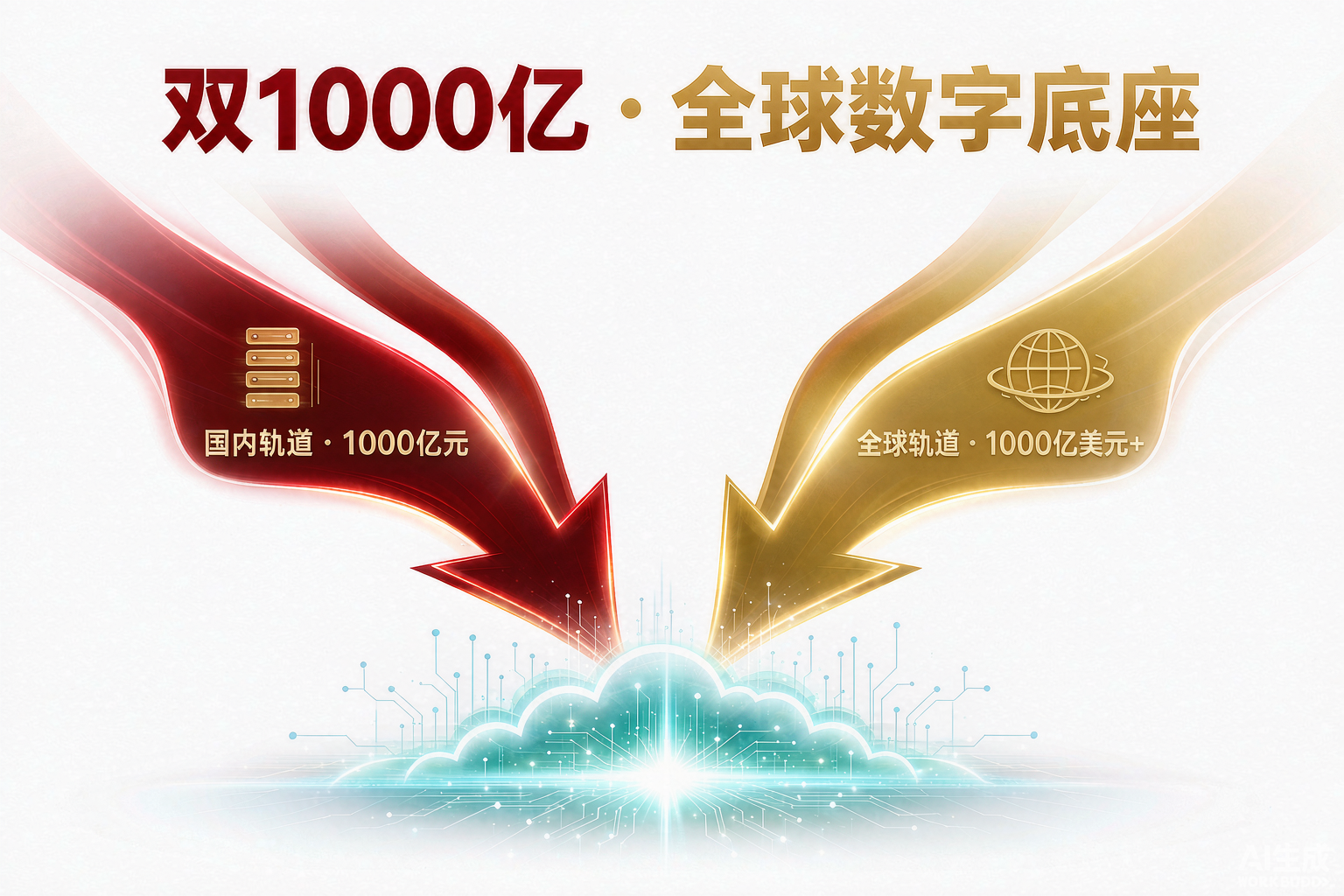 图：双1000亿 · 全球数字底座——国内轨道 + 全球轨道双轨并行