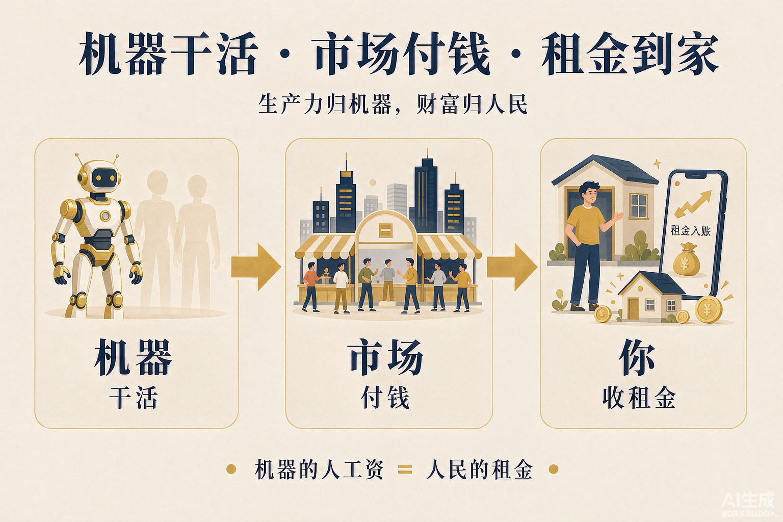 图：机器干活 · 市场付钱 · 租金到家